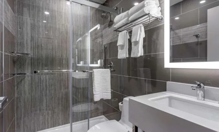 Guest bathroom with shower at Comfort Inn JFK Airport.