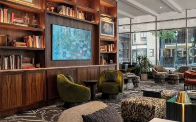 Hotel lounge and library at Sofitel Philadelphia At Rittenhouse Square.