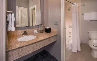 Guest bathroom with shower at Courtyard Dulles Airport Chantilly.