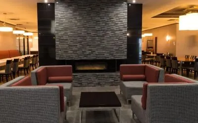 Lobby and lounge at Holiday Inn Express Edmonton Downtown.