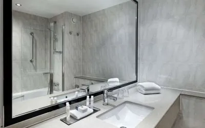 Guest bathroom with shower at DoubleTree By Hilton Woking.