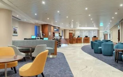 Lobby and coworking lounge at Hilton Garden Inn London Heathrow Terminals 2 And 3.