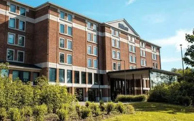Hotel exterior at Hilton London Heathrow Airport Terminal 5.