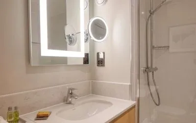 Guest bathroom with shower at DoubleTree By Hilton Southampton.