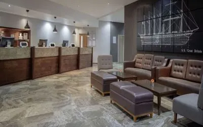 Lobby and coworking lounge at DoubleTree By Hilton Bristol City Centre.  