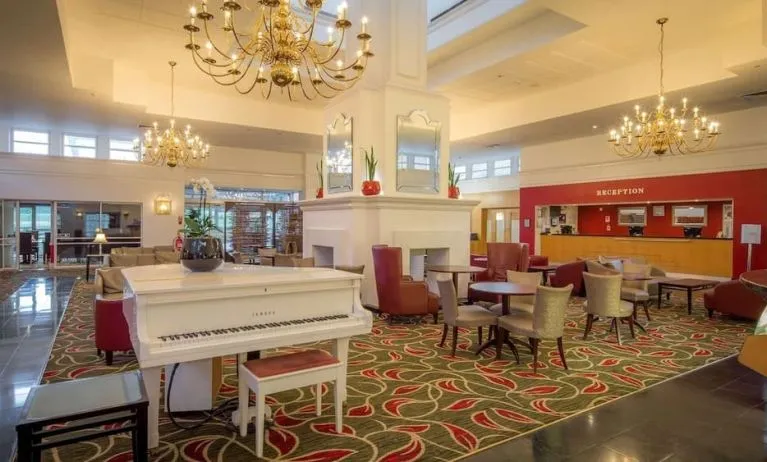 Lobby and coworking space at Hilton Leicester.