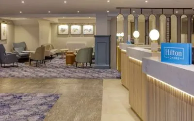 Lobby and coworking lounge at Hilton Cobham.