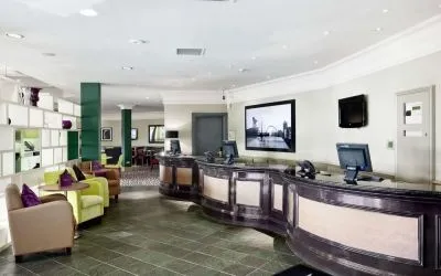 Lobby and coworking lounge at Doubletree by Hilton Glasgow Strathclyde.