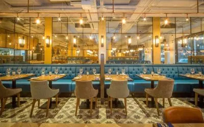 Modern dining area perfect for coworking at DoubleTree by Hilton London Kingston upon Thames.