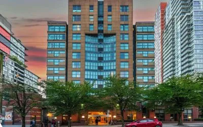 Hotel exterior and city view at Grand Park Hotel & Suites Downtown Vancouver.