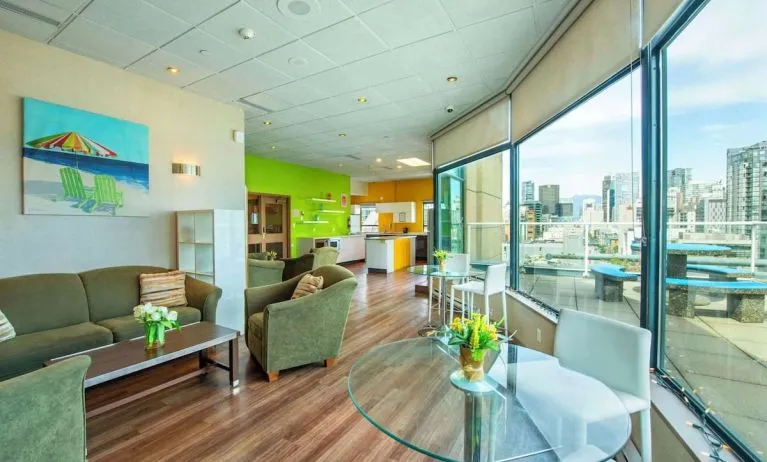 Lounge and coworking area at Grand Park Hotel & Suites Downtown Vancouver.
