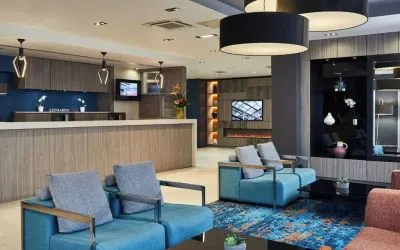 Lobby and coworking lounge at Leonardo Hotel Edinburgh Murrayfield.