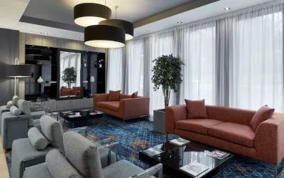 Lobby and coworking lounge at Leonardo Hotel Edinburgh Murrayfield.