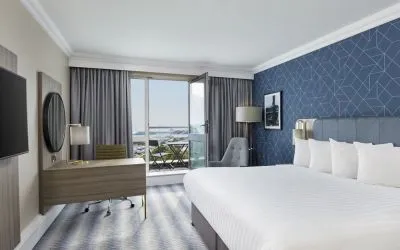 Day use room with work desk and terrace at Leonardo Hotel Southampton Grand Harbour.