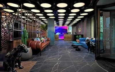 Hotel entrance and lobby at NYX Dublin Portobello.