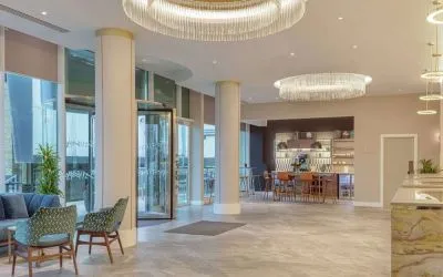 Lobby and coworking lounge at Hilton London Angel Islington.