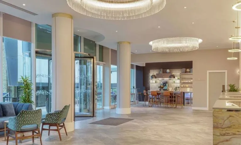 Lobby and coworking lounge at Hilton London Angel Islington.