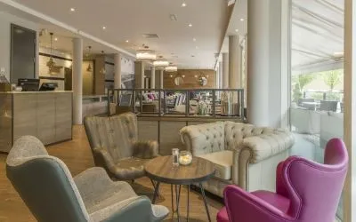 Lobby and coworking lounge at Hilton Garden Inn Bristol City Centre.