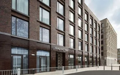 Hotel entrance at the Hampton by Hilton London Docklands.