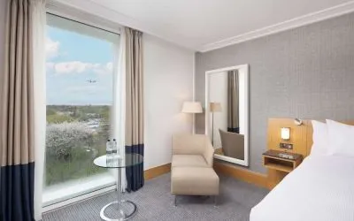 Day use room with lounge area at the Hilton London Gatwick Airport.