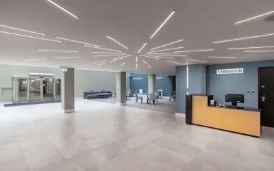 Hotel lobby at the Hilton London Gatwick Airport.