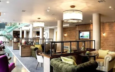 Comfortable lobby workspace at the Hilton Garden Inn Birmingham Brindleyplace.