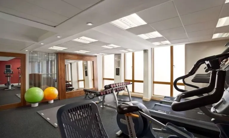 Fitness center with treadmills, machines and equipment at the Hilton Garden Inn Birmingham Brindleyplace.