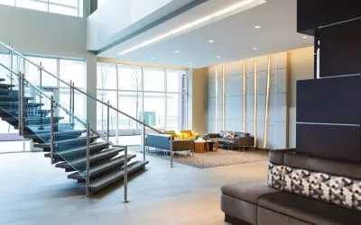 Lobby and coworking lounge at AC Hotel Cincinnati At Liberty Center.