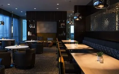 Dining area perfect for coworking at AC Hotel Cincinnati At Liberty Center.
