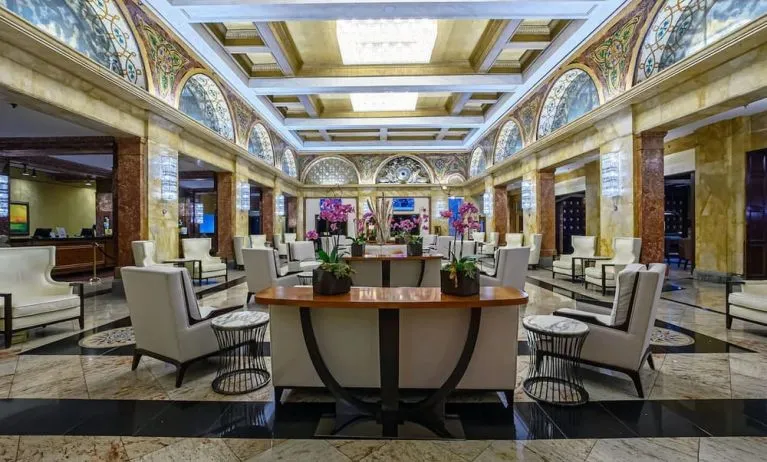 Lobby and coworking lounge at Congress Plaza Hotel.