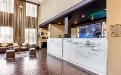 Lobby and coworking lounge at Best Western Plus Newark Airport West.