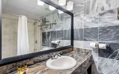 Guest bathroom with shower at Best Western Plus Newark Airport West.
