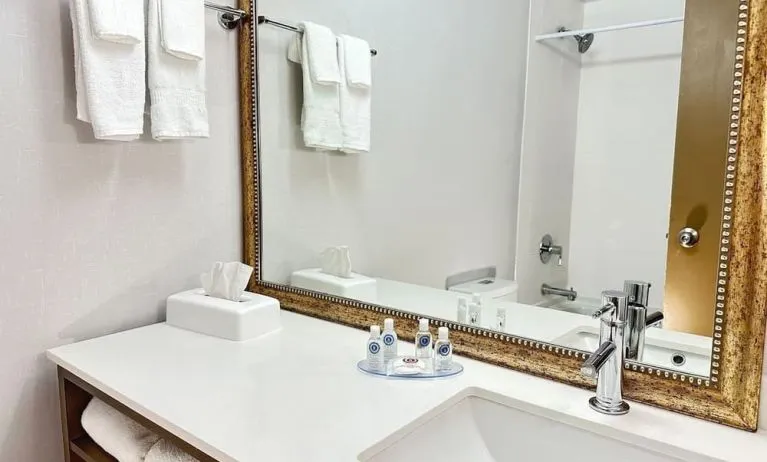 Private guest bathroom with shower and tub at Comfort Inn & Suites Barrie.