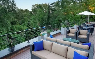 Outdoor terrace at Boston Marriott Burlington.