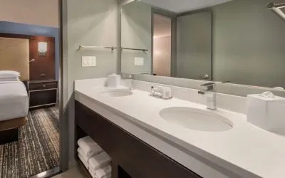 Guest bathroom at Boston Marriott Burlington.