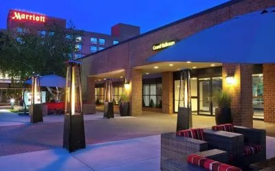 Hotel exterior at night at Boston Marriott Burlington.