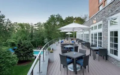 Hotel terrace seating at Boston Marriott Burlington.