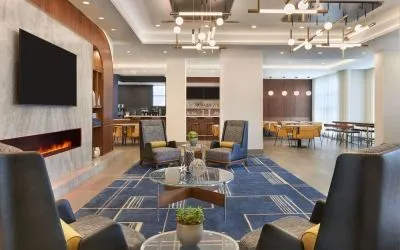 Lobby and coworking lounge at Courtyard By Marriott Kitchener.