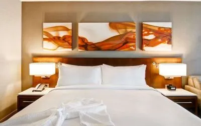 King bed at Hilton Mississauga Meadowvale.