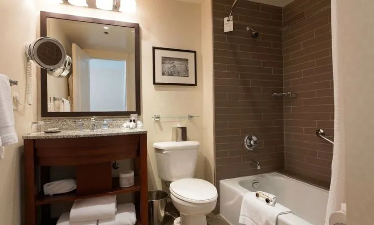 Guest bathroom with shower and tub at Fairmont Winnipeg.