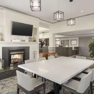 Lobby and coworking lounge at Hilton Garden Inn Boca Raton.