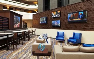 Lobby and coworking lounge at Embassy Suites By Hilton LAX Airport North.