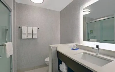 Private guest bathroom with shower and free toiletries at Holiday Inn Express Kingston West.