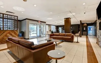Hotel lobby with lounge seating at Four Points By Sheraton Toronto Mississauga.
