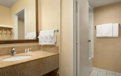 Private guest bathroom at Days Inn Edmonton Downtown.