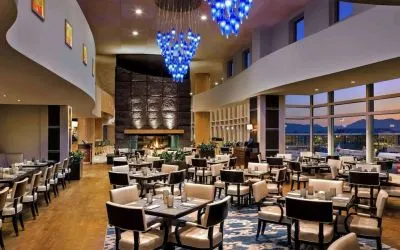 Hotel restaurant with comfortable sitting at Fairmont Vancouver Airport - YVR Terminal Hotel.