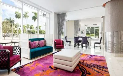 Lobby and coworking lounge at YVE Hotel Miami.