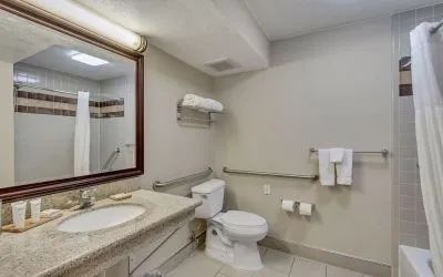 Guest bathroom with shower and tub at Radisson Hotel Salt Lake City Airport.