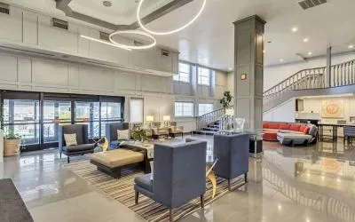 Lobby and coworking lounge at Radisson Hotel Salt Lake City Airport.