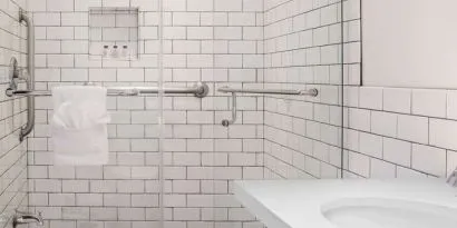 Guest bathroom with shower at Hollywood Hotel.